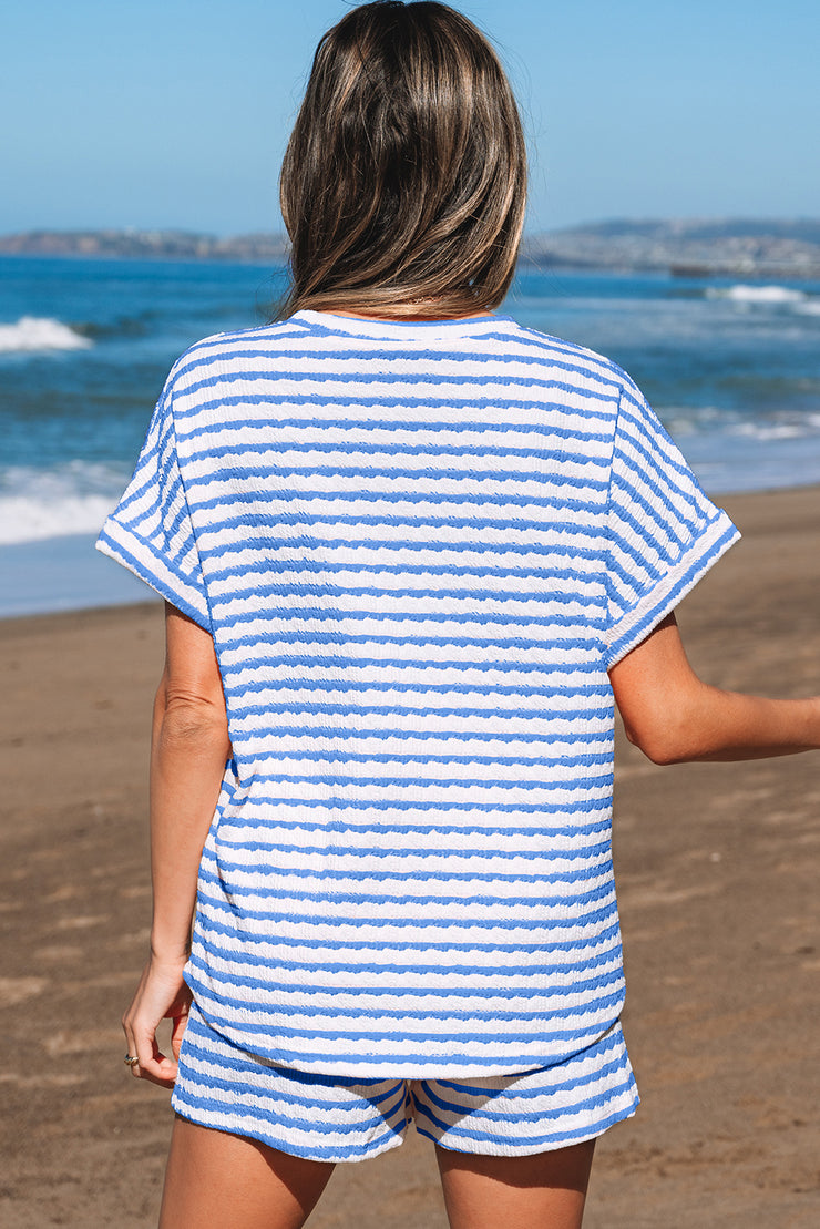 Sky Blue Stripe Knitted Short Sleeve Top and Drawstring Shorts Set