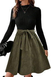 Black Ribbed Knit Slim Bodice Contrast Flared Skirt Patchwork Belted Dress