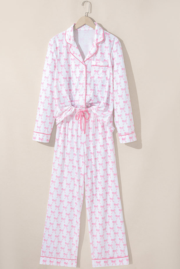 Pink Bow Print Long Sleeve Shirt and Pants Soft Pajama Set