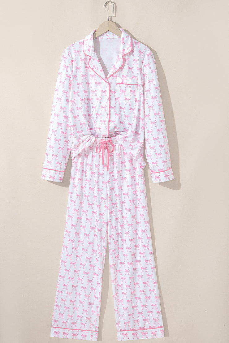 Pink Bow Print Long Sleeve Shirt and Pants Soft Pajama Set