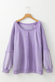 Orchid Petal Textured Patchwork Frilled Trim Plus Size Pullover Sweatshirt