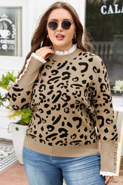 Brown Leopard Knitted Lacy Trim Cuffed Plus Size Sweater