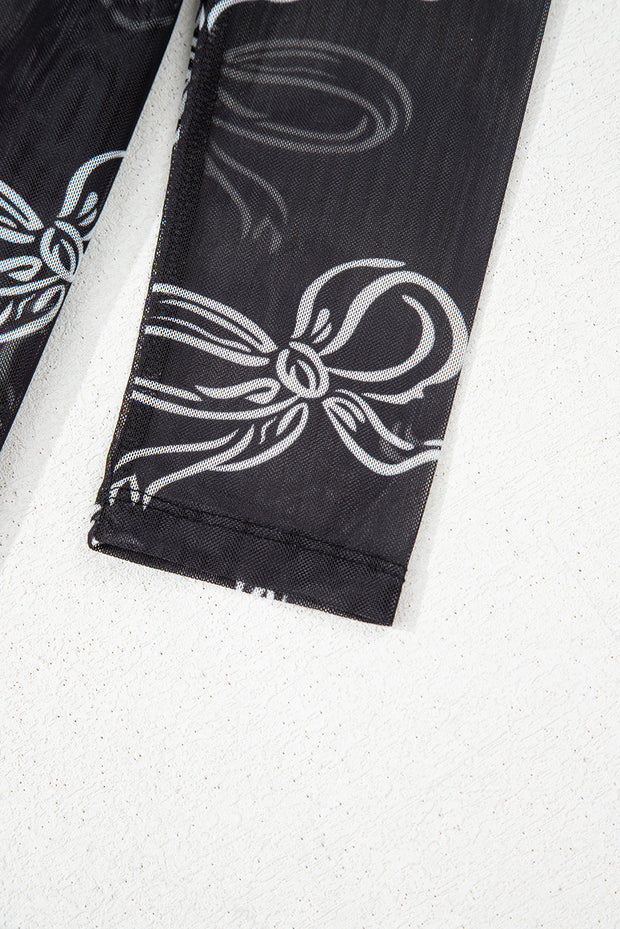 Black Round Neck Bow Print Long Sleeve Mesh Top