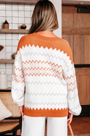 Khaki Zigzag Geometric Pattern Knitted Pullover Sweater