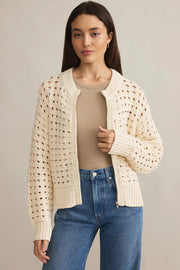 Beige Hollowed Pattern Knit Zip Up Drop Shoulder Sweater Cardigan
