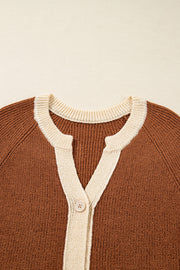 Chestnut Contrast Knit V Neckline Short Cardigan