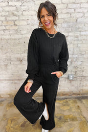 Black Textured Chest Pocket Long Sleeve Top 2Pcs Pants Set