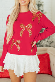 Fiery Red Sequin Bow Accent Drop Shoulder Festive Sweater