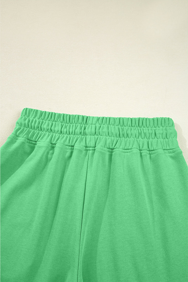 Bright Green Drop Shoulder Puff Sleeve Crop Pullover Drawstring Wide Leg Pants Set