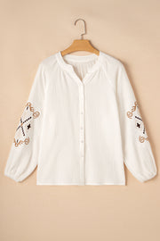 White Embroidered Textured Buttoned Crew Neck Shirt