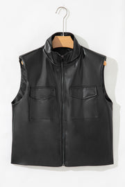 Black Double Flap Pocket Faux Leather Zip Up Stand Neck Vest