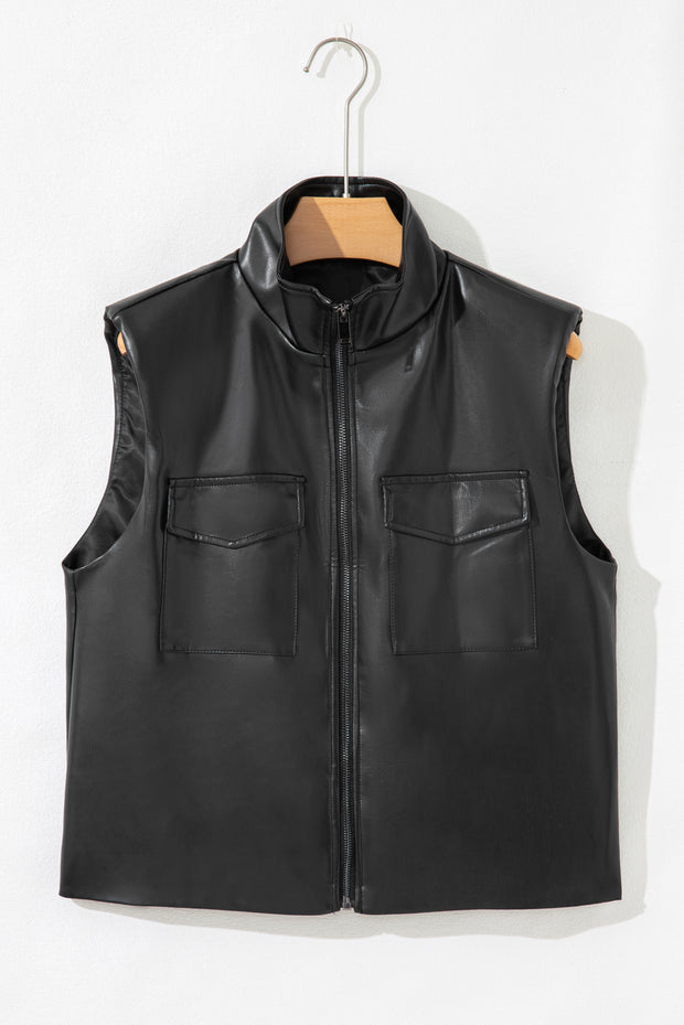 Black Double Flap Pocket Faux Leather Zip Up Stand Neck Vest
