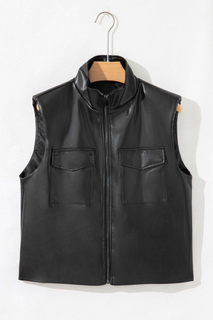 Black Double Flap Pocket Faux Leather Zip Up Stand Neck Vest