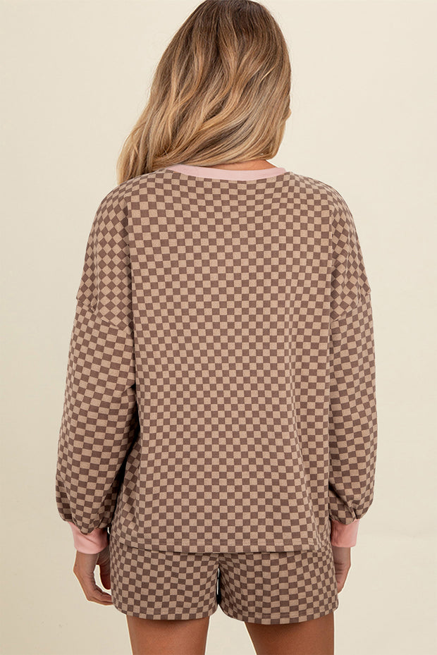 Brown Checkerboard Long Sleeve Pullover and Shorts Set