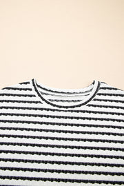 Black Stripe Knitted Short Sleeve Top and Drawstring Shorts Set