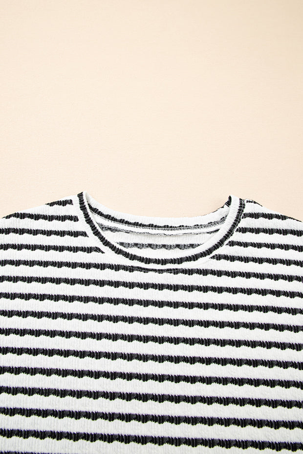 Black Stripe Knitted Short Sleeve Top and Drawstring Shorts Set