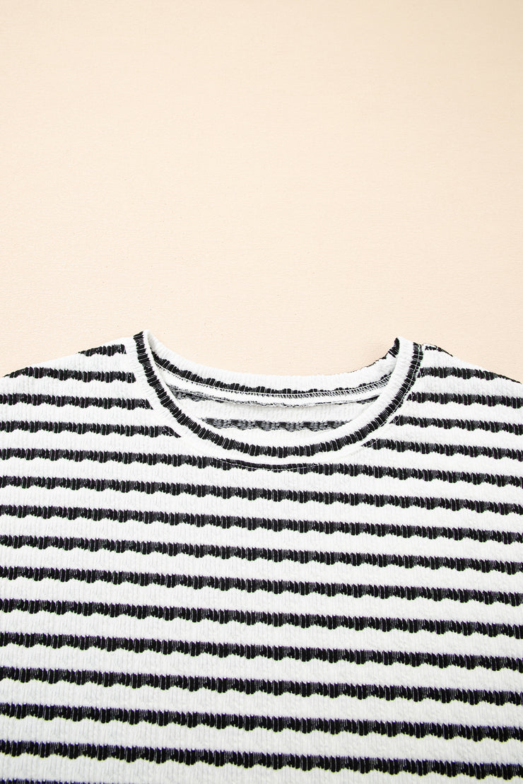 Black Stripe Knitted Short Sleeve Top and Drawstring Shorts Set