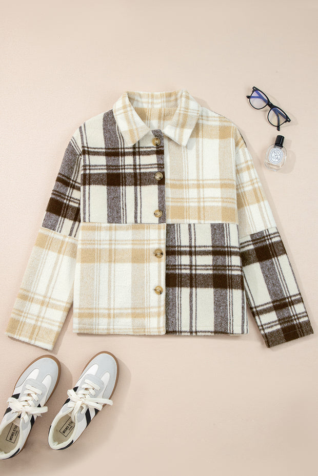 Multicolour Plaid Patchwork Side Pockets Buttoned Shacket
