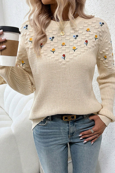 Jet Stream Mixed Texture Knit Flower Embroidered Detail Casual Sweater