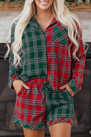 Red Plaid Contrast Patched Christmas Holiday Long Sleeve Shirt and Short 2pcs Pajama Set