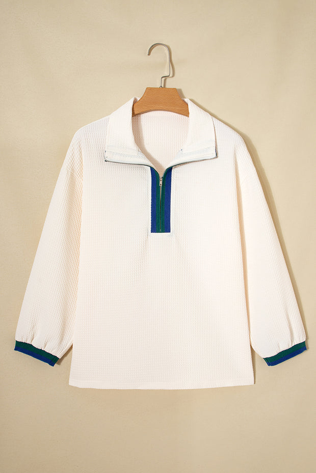 White Waffle Textured Contrast Polo Neck Zip up Jumper