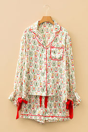 Beige Nutcracker Print Contrast Trim Tied up Bow Silky 2pcs Pajama Set