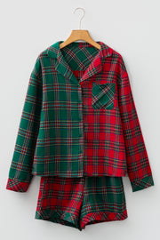Red Plaid Contrast Patched Christmas Holiday Long Sleeve Shirt and Short 2pcs Pajama Set