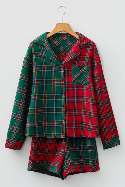 Red Plaid Contrast Patched Christmas Holiday Long Sleeve Shirt and Short 2pcs Pajama Set