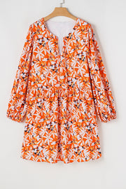 Orange Floral Print Split V Neck Bubble Sleeve Plus Size Midi Dress