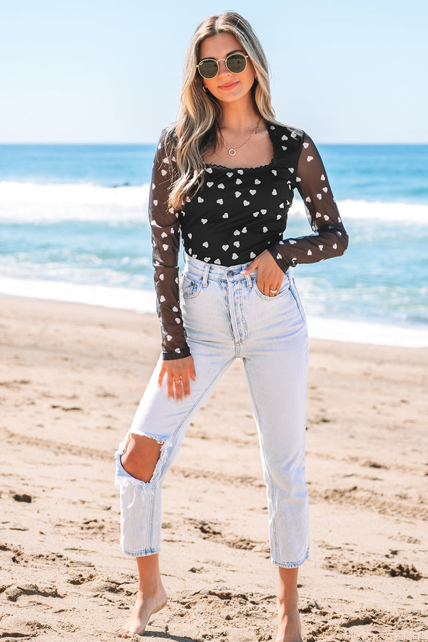 Black Heart Shape Mesh Patchwork Square Neck Bodysuit