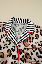 Khaki Leopard Print Colorblock Striped Edge Shirt and Pants Pajama Set