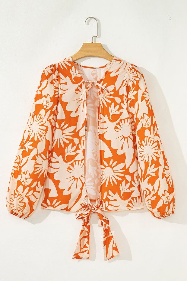 Orange Floral Print Knotted Open Back Long Sleeve Blouse