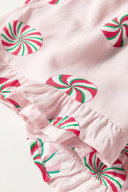 Pink Christmas Candy Contrast Trim Bow Knot Silky 2pcs Pajama Set