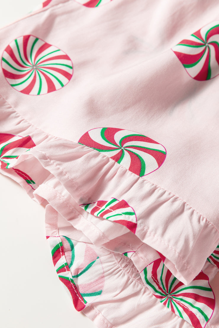 Pink Christmas Candy Contrast Trim Bow Knot Silky 2pcs Pajama Set