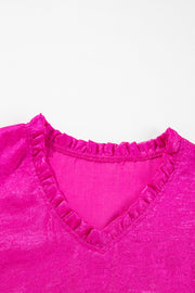 Rose Red Metallic Frilled V Neck Puff Sleeve Babydoll Blouse