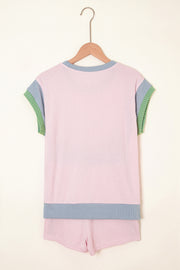 Light Pink Colorblock Corded Short Sleeve Boxy Top and Shorts Set