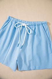 Myosotis V Neck Drop Shoulder Tee and Patchwork Drawstring Shorts Set