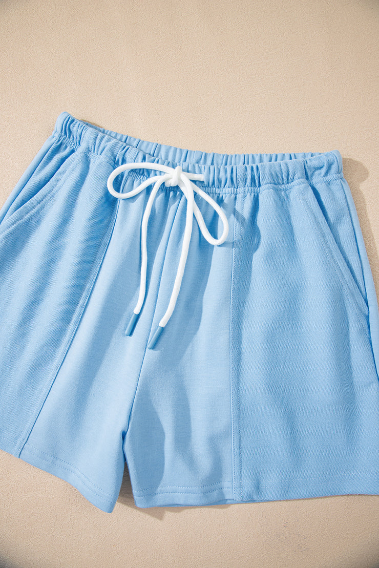 Myosotis V Neck Drop Shoulder Tee and Patchwork Drawstring Shorts Set