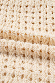 Beige Hollowed Pattern Knit Zip Up Drop Shoulder Sweater Cardigan