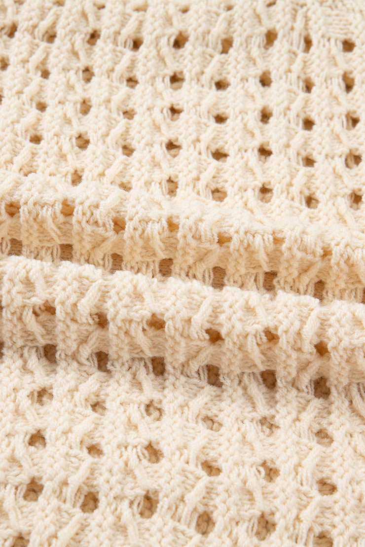 Beige Hollowed Pattern Knit Zip Up Drop Shoulder Sweater Cardigan