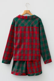 Red Plaid Contrast Patched Christmas Holiday Long Sleeve Shirt and Short 2pcs Pajama Set