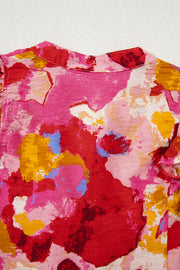 Red Abstract Print Split V Neck Ruffle Short Sleeve Blouse