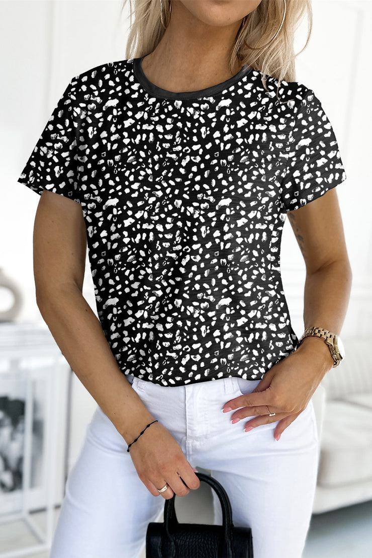 Black Cheetah Print O-neck Short Sleeve T Shirt