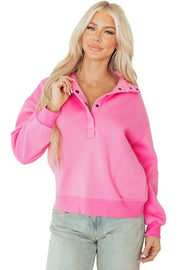 Bright Pink Half Button Stand Neck Drop Shoulder Sweatshirt
