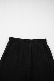 Black Textured Chest Pocket Long Sleeve Top 2Pcs Pants Set