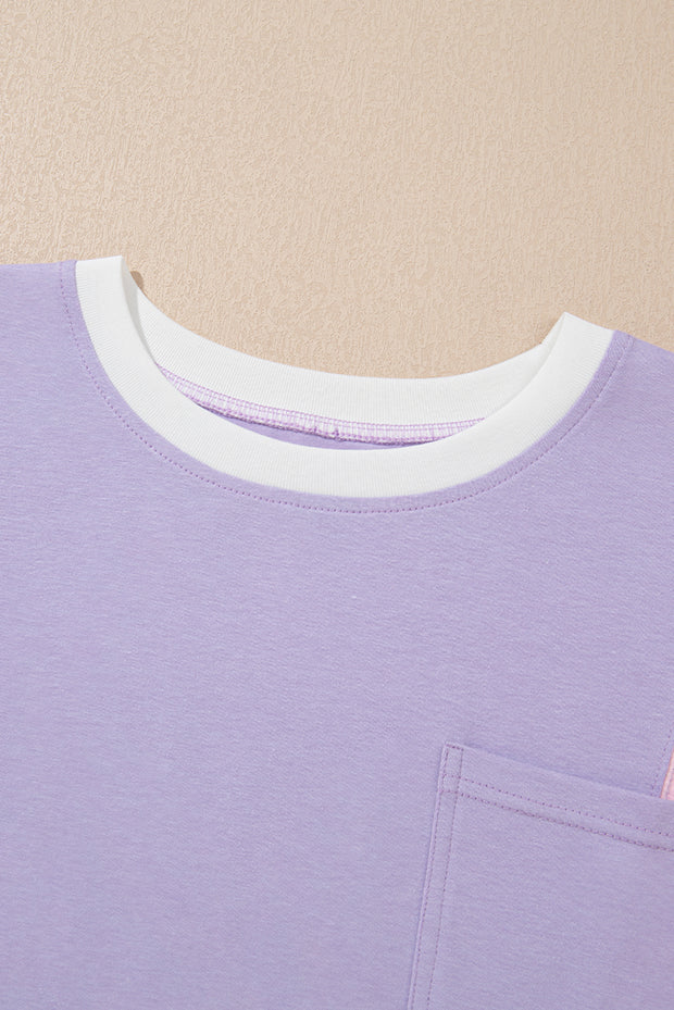 Camiseta extragrande de media manga con patchwork y bloques de color morado