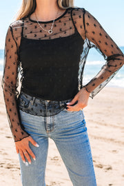 Black Star Print Mesh Sheer Slim Long Sleeve Top