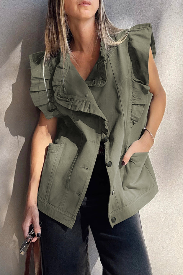 Green Bay Ruffled Patchwork Denim Jacket Vest