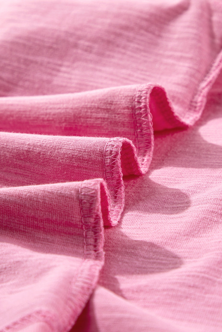 Pink Eyelet Embroidery Scalloped Sleeve Round Neck T Shirt