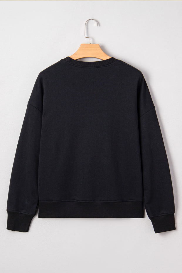Black Chenille Game Day Graphic Drop Shoulder Sweatshirt